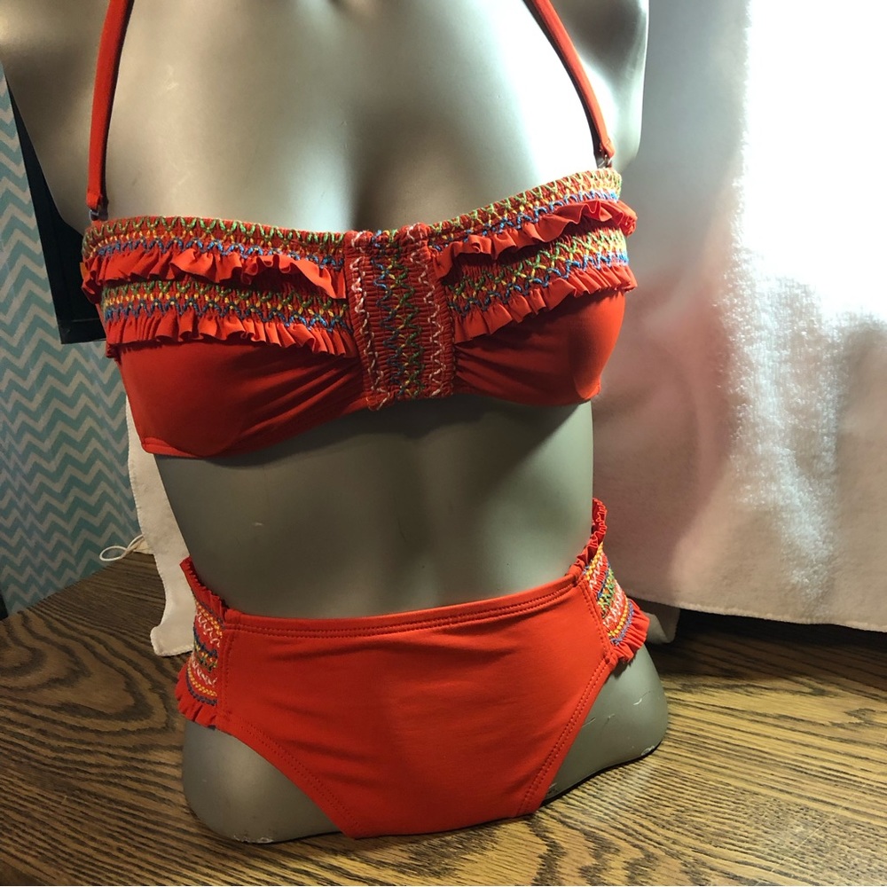 Lucky Brand Fiesta orange 2 piece bandeau bikini embroidered smocked ruffle